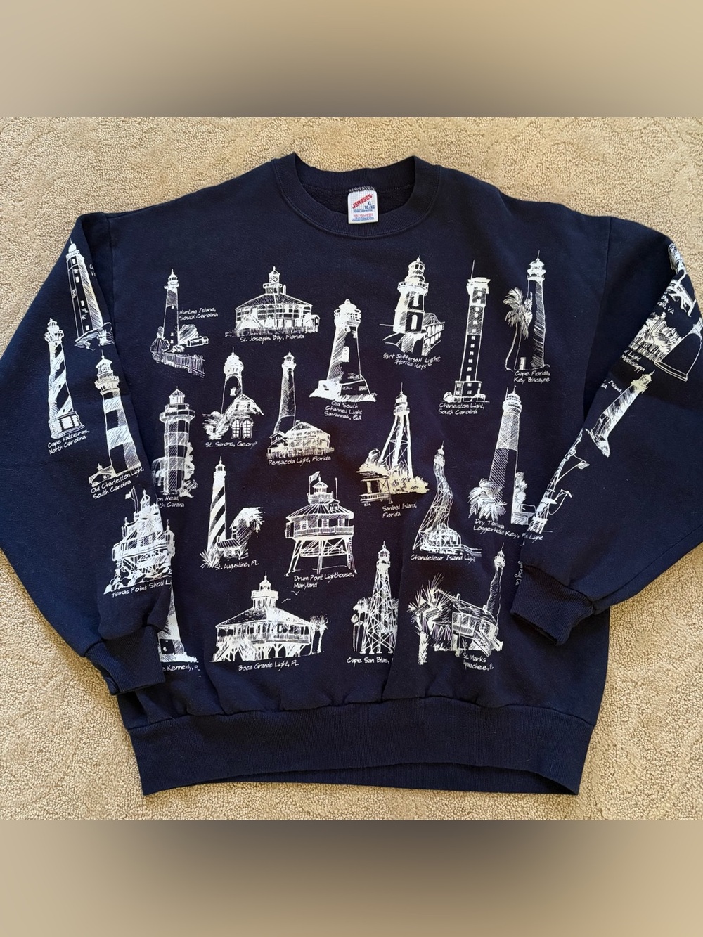Navy Blue Graphic Lighthouses Crewneck Sweatshirt Vintage Sz XL